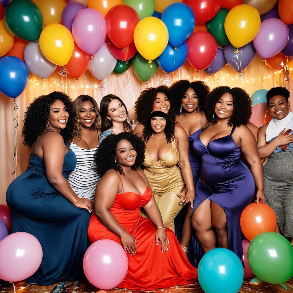 A diverse group of voluptuous individuals joyfully celebrating their curves, surrounded by colorful balloons and festive decorations. Soft, warm lighting highlights their confident and radiant expressions as they embrace body positivity. Include elements of sensuality, like flowing fabrics and playful poses. In the background, a subtle atmosphere of an adult entertainment venue is suggested, with soft silhouettes. vibrant colors. dynamic composition. super-realistic.